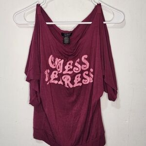 Guess Maroon Cold-Shoulder Top with Pink Logo